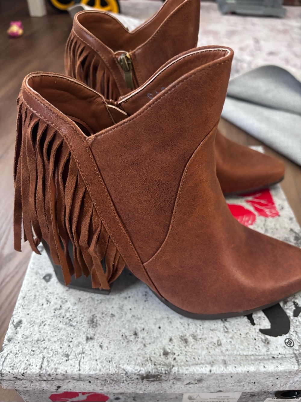 Hot Kiss Brown Fringe Suede Ankle Booties